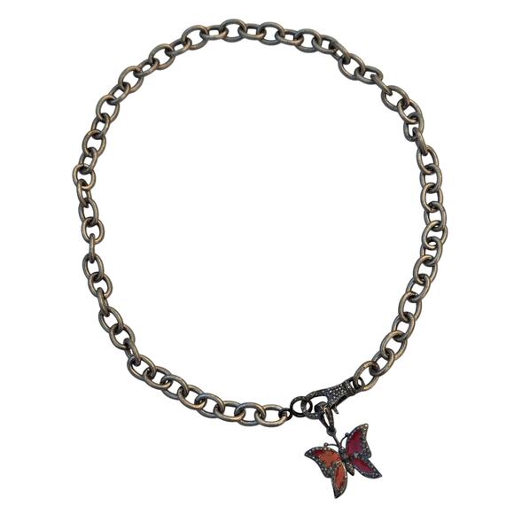 Sterling Silver Link Necklace w/Pave Diamond Clasp Red Enamel Butterfly Pendant - Picture 5 of 9